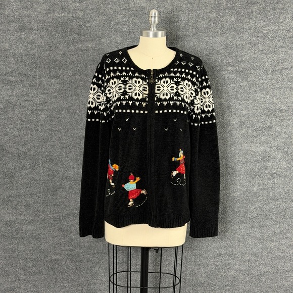 Vintage Alfred Dunner Holiday Sweater L Black Snowflake Ice Skater Sweater - Picture 3 of 13